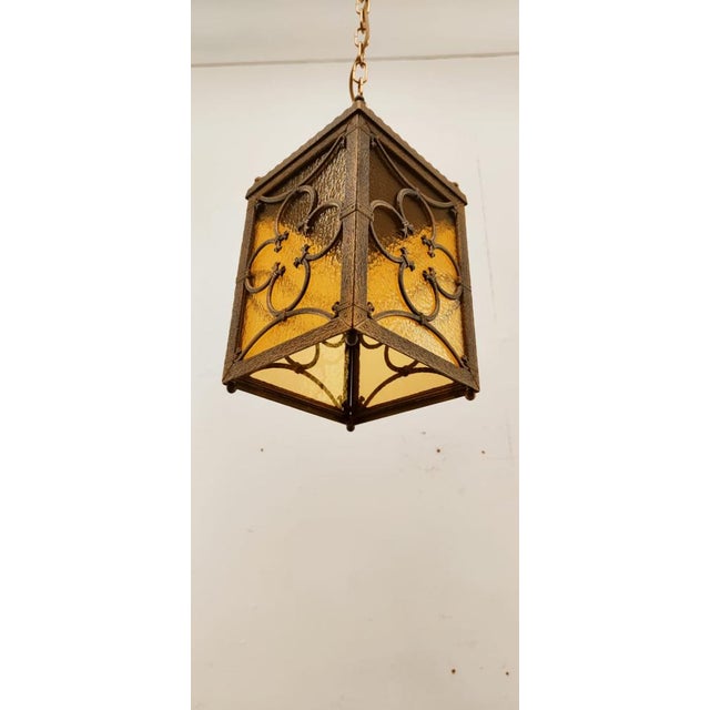 Brass Lantern Hanging Light in Amber Glass For Sale - Image 11 of 14