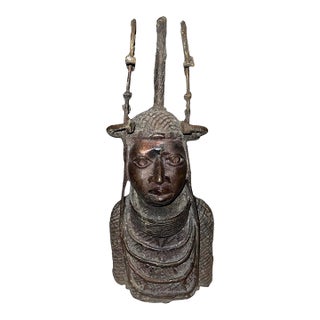 Early 20th Century Benin Bronze Oba Head Sculpture Nigeria For Sale