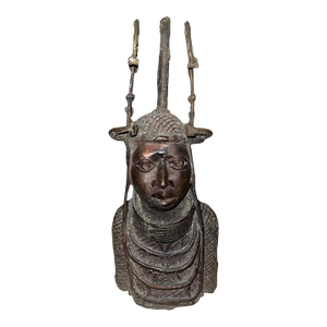 Early 20th Century Benin Bronze Oba Head Sculpture Nigeria