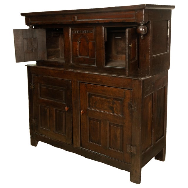 Antique Early 18th Century Welsh English Deuddarn Carved Oak Court Cupboard 1737 For Sale - Image 11 of 16