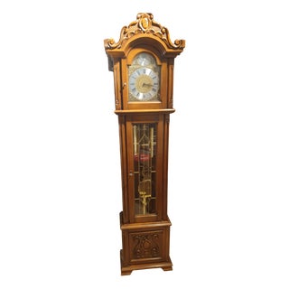 Long Vintage Pendulum Clock in Mahogany with Carved Decorations and Roman Number Dial, 1980s For Sale