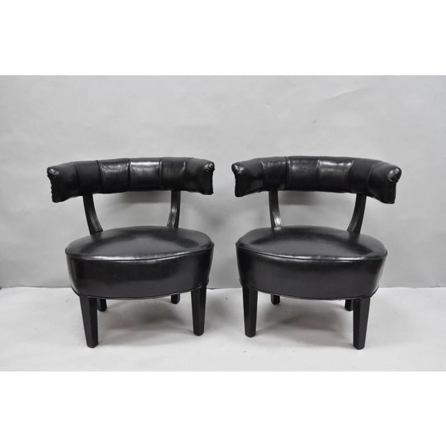 Vintage Mid Century Modern Low Black Barrel Back Slipper Lounge Club Chairs - a Pair. Circa Mid 20th Century....