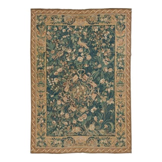 Vintage French Aubusson Handcrafted Wool Rug in Green With a Foliage Design For Sale