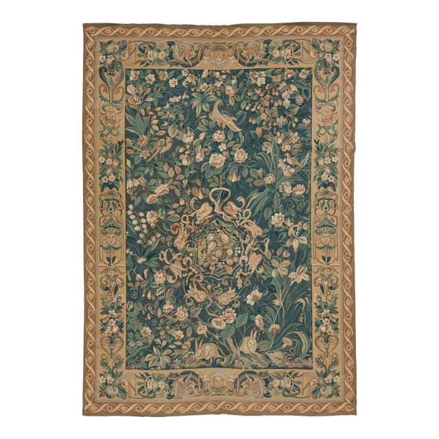 Vintage French Aubusson Handcrafted Wool Rug in Green With a Foliage Design For Sale