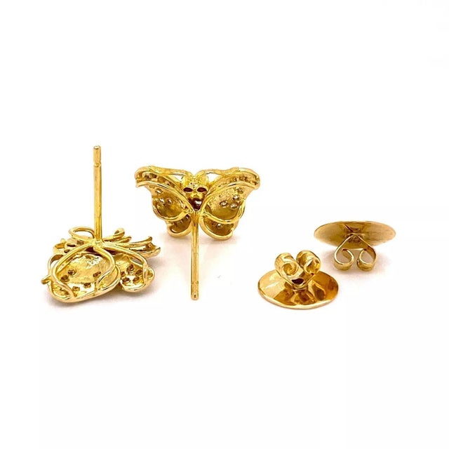Metal Diamond Butterfly 18k Yellow Gold Stud Earrings, 2 Pieces For Sale - Image 7 of 8