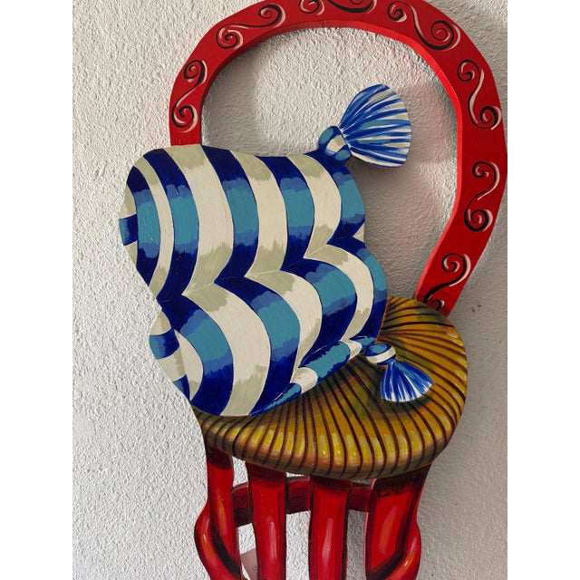 Amanda Watt, Pop Art Painting Carved Wall Sculpture Amanda Watt Thatched Chair Vibrant Color, 1996 For Sale - Image 10 of 11