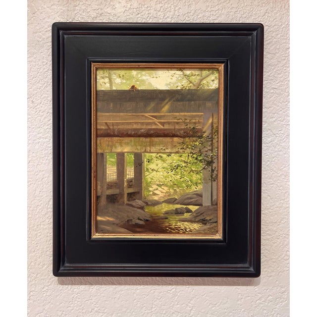 Secluded Bridge by Diego Glazer | Oil on panel depicting a bridge over a stream in a forested area. For Sale