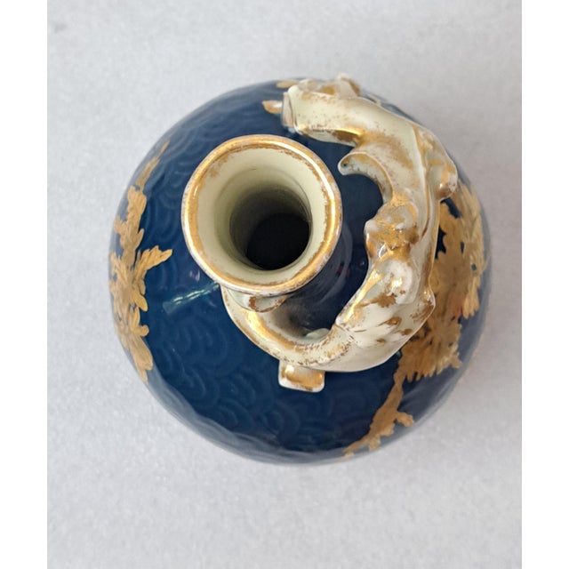 Blue Antique Jean Pouyat Limoges Cobalt Blue & Gilt Porcelain Bottle Vase With Branch Handle For Sale - Image 8 of 12