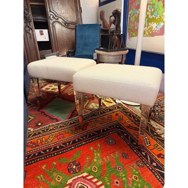 Custom Made Acrylic and Woven Cream Upholstered Ottomans a Pair For Sale - Image 9 of 9