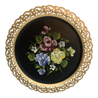 Vintage Hand-Painted Tole Tray W Filigree Brass Rim For Sale