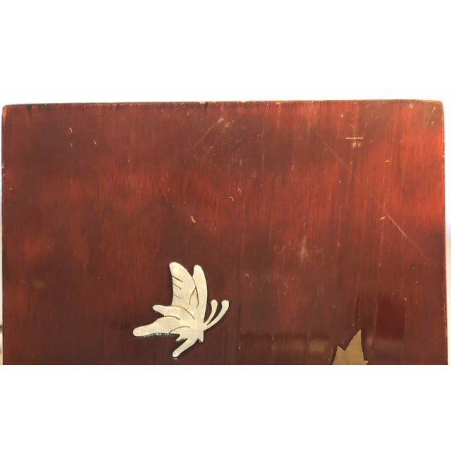 Vintage 1940’s Asian Lacquered Red Mahogany Art Panels With Brass and Tin Flowers and Butterflies Inlay - Set of 2 For Sale - Image 10 of 12