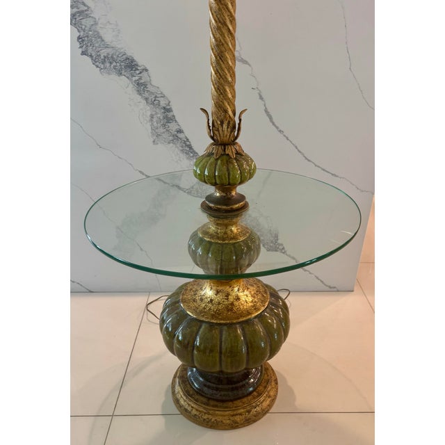 Hollywood Regency Vintage Stiffel Green Enamel Brass Floor Lamp With Glass Table For Sale - Image 3 of 6