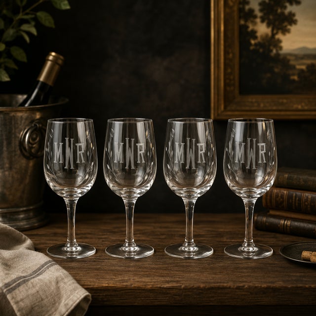 A charming set of vintage clear-stemmed glasses distinguished by an elegant etched MWR monogram. The delicate lettering...