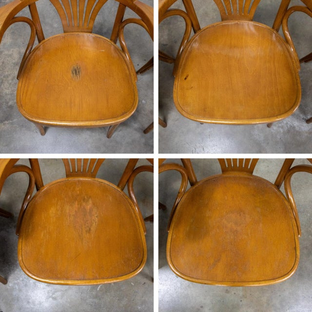 Late 19th Century Bauhaus Beech Bentwood Thonet Style Fan Back Captains Armchairs Set of 4 For Sale - Image 6 of 18