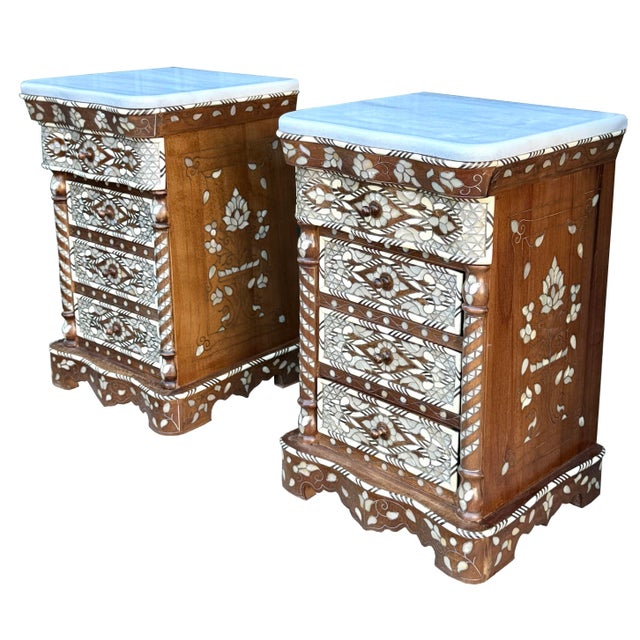 Moorish Inlaid Nightstands with Natural Marble Tops These magnificent nightstands embody the rich tradition of Moorish...