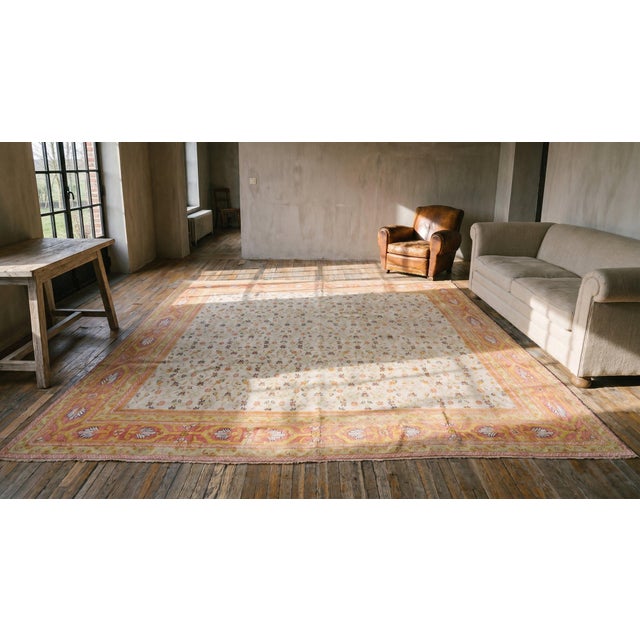 Yellow Pretty Yellow Color and Pink Border Doubled Palmettes Floral Design Antique Indian Agra Rug For Sale - Image 8 of 8