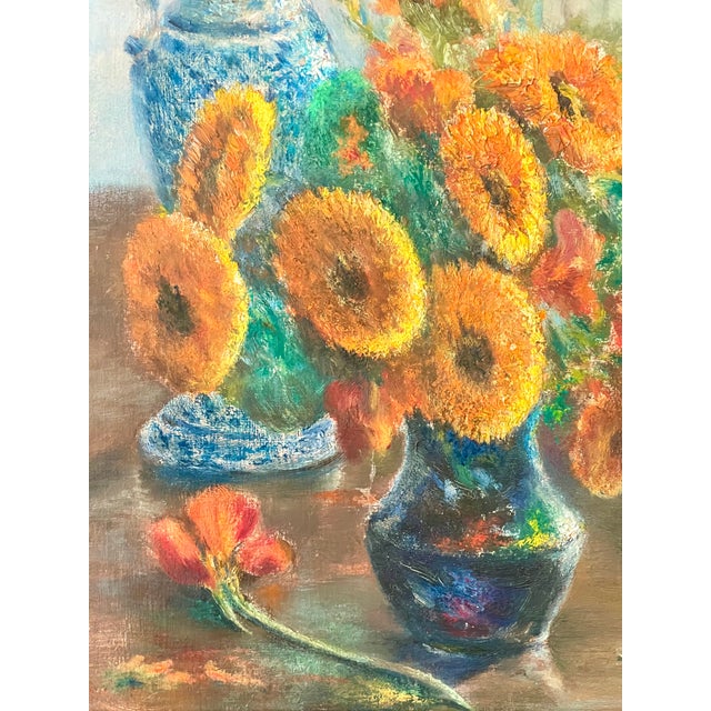 French Mid-Century Floral Still Life in Orange and Blues Oil on Board, Initialed, Dated 1957 For Sale - Image 10 of 13