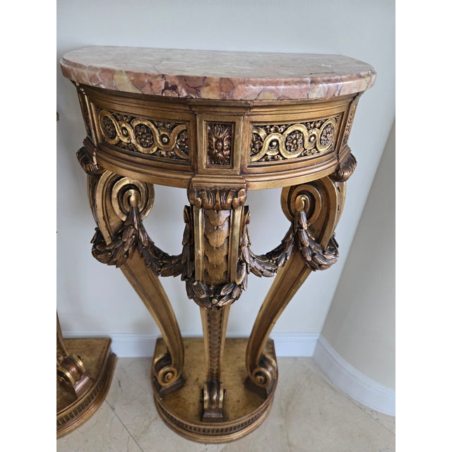 Mid 20th Century Pair of French Louis 16th Style Giltwood Rouge Marble Top Corner Tables - A Pair For Sale - Image 5 of 14