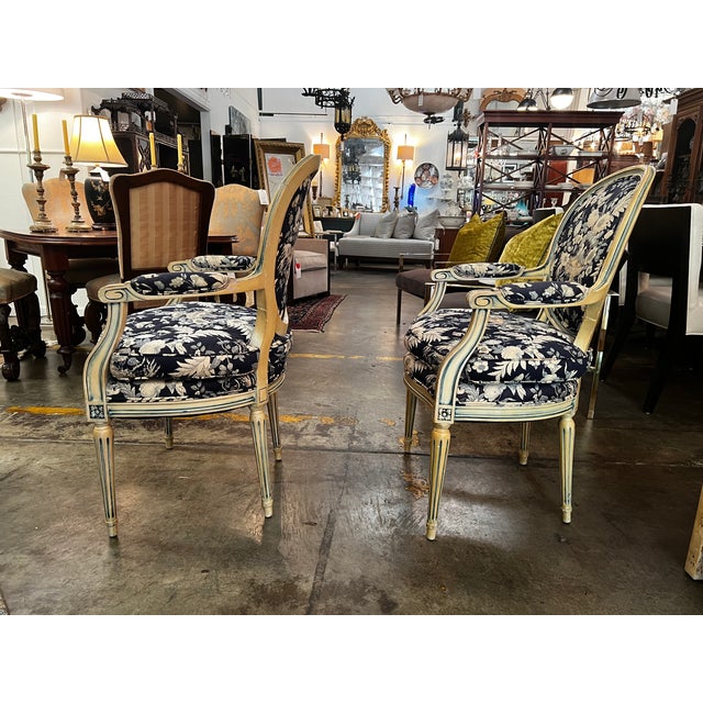 Pair of Vintage French Louis XVI Style Painted Fauteuil Armchairs For Sale - Image 4 of 13