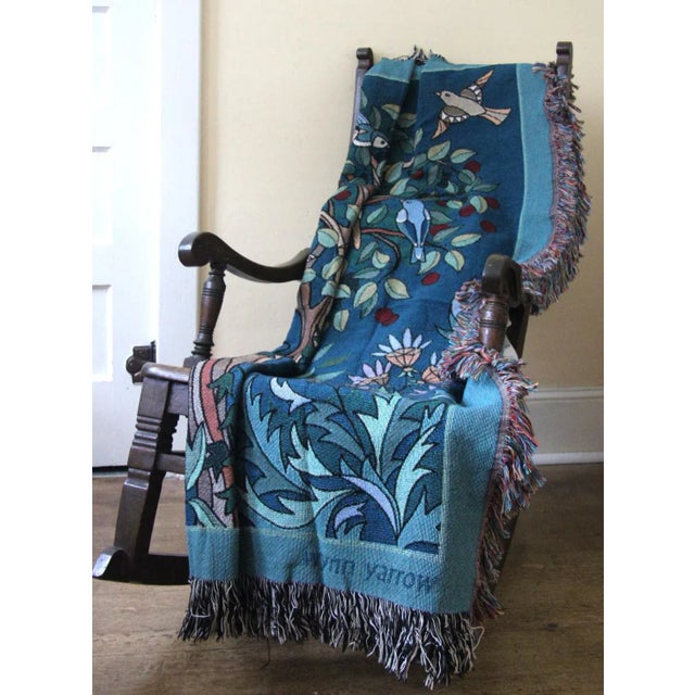 William Morris Arts and Crafts Style "Tree of Birds" in Teal Jacquard Woven Throw Blanket For Sale - Image 4 of 11