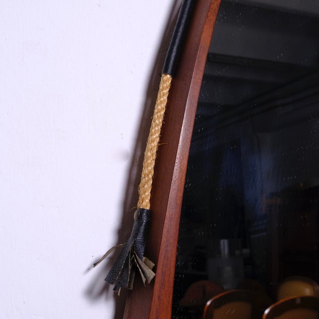 Vintage Oval Teak Mirror with Rope and Leather Details, 1950s For Sale - Image 13 of 13