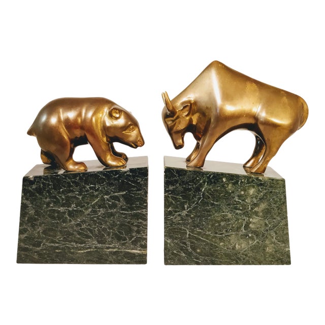 Mid Century Brass Marble Bulls and Bears Stock Market Bookends For Sale