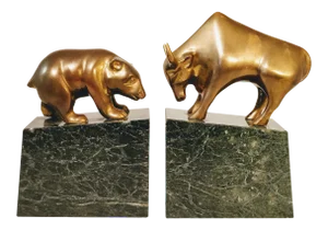 Pair Mid Century Brass Marble Bulls and Bears Stock Market Bookends