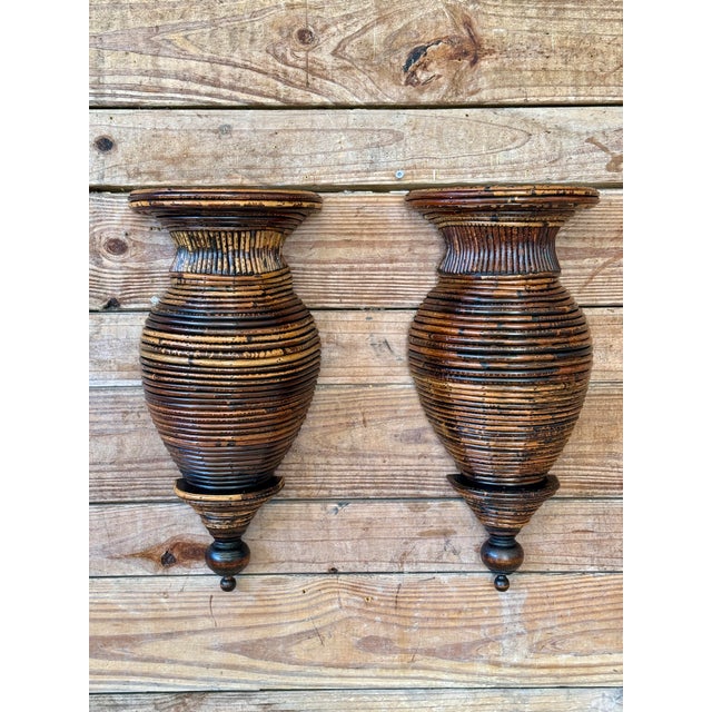 Vintage Boho Sculptural Pencil Rattan Wall Sconces With Ribbed Urn Form For Sale - Image 11 of 11