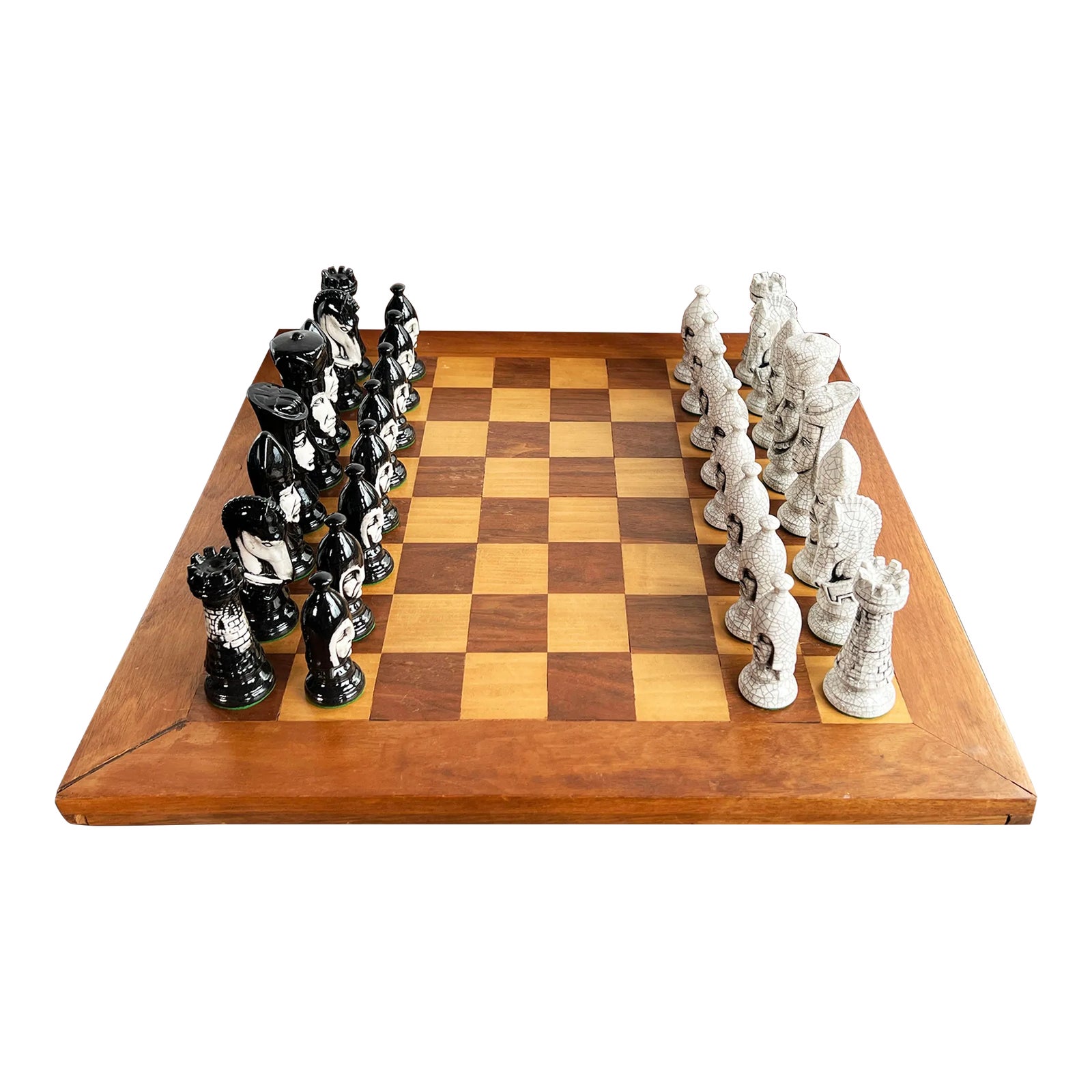 Vintage 1950's Ceramic Chess Set W/ Hand Made Wood Board