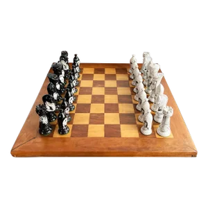 Vintage 1950's Ceramic Chess Set W/ Hand Made Wood Board