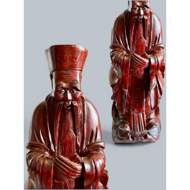 Late 20th Century Hand Carved Chinese Guanyin & Scholar Figures Pair-Rosewood-Asian-Sculpture-Kwan For Sale - Image 6 of 11
