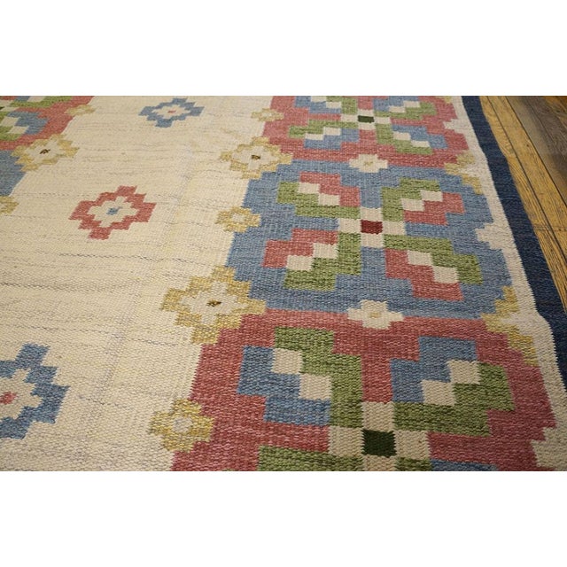 Mid 20th Century 1960s Ivory Geometric Vintage Swedish Scandinavian Flat Weave Kilim Rug 5'9" X 8' by Judith Johansson Wool Carpet For Sale - Image 5 of 7