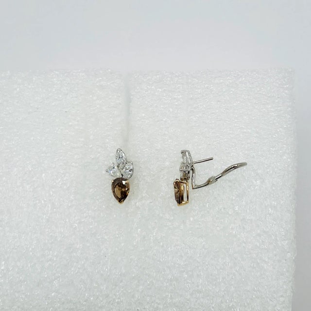 White and Brown Pear Diamond and Marquise Earrings in 14k 2 Tone Gold, A Pair For Sale - Image 4 of 6