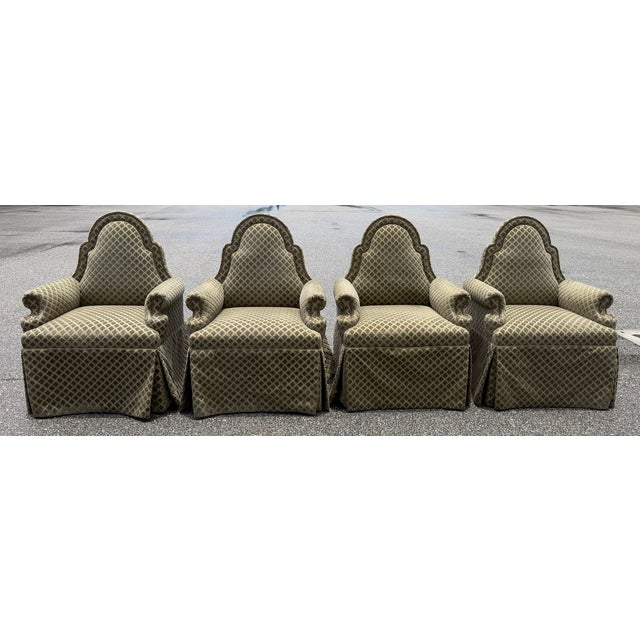 4 Dining Chairs Upholstered Cut Velvet Club Chairs Nancy Corzine Fabric. Nail Heads For Sale - Image 4 of 12