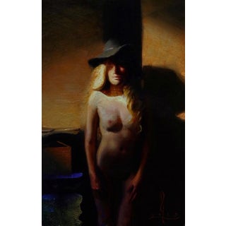 Dusk by Diego Glazer | Oil on panel Nude figure in a hat standing in dim light. For Sale