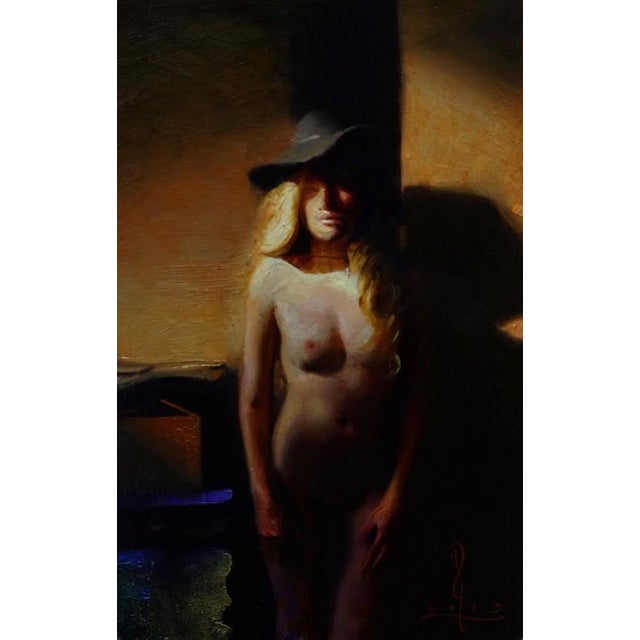 Dusk by Diego Glazer | Oil on panel Nude figure in a hat standing in dim light. For Sale