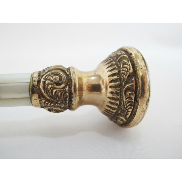 Victorian Ornate Repousse Brass & Mother of Pearl Walking Stick Cane For Sale - Image 4 of 8