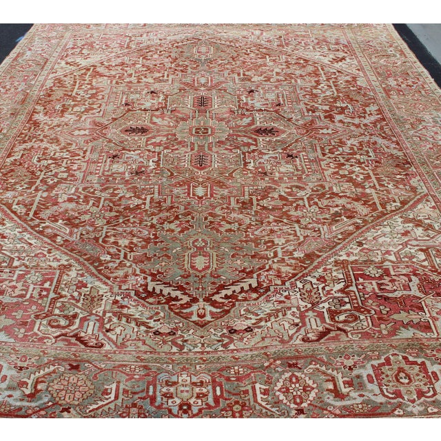 Gray Green, Taupe Border, Soft Red Heriz With Geometric Medallion 11'6 X 14'5 For Sale - Image 4 of 16