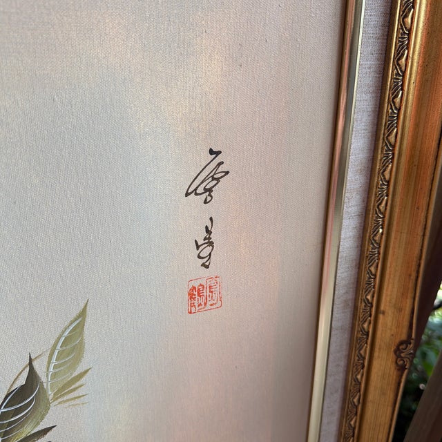 Textile Large Mid-Century Chinese Silk Painting – Hand-Painted Bird & Peony Floral Composition in Ornate Frame - Signed by Unknown Artist For Sale - Image 7 of 12