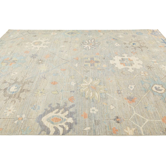 8 X 10 Beige Modern Oushak Style Wool Rug With Soft Botanical Motifs For Sale In New York - Image 6 of 10