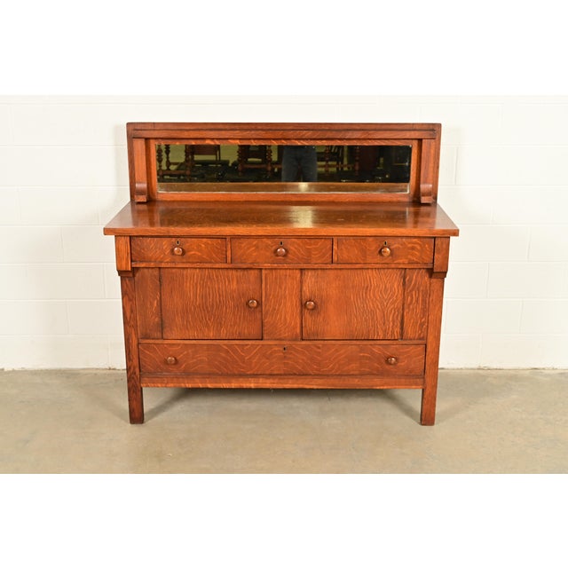 Mission Stickley Brothers Style Antique Mission Tiger Oak Arts & Crafts Sideboard or Bar Cabinet, Circa 1910 For Sale - Image 3 of 18