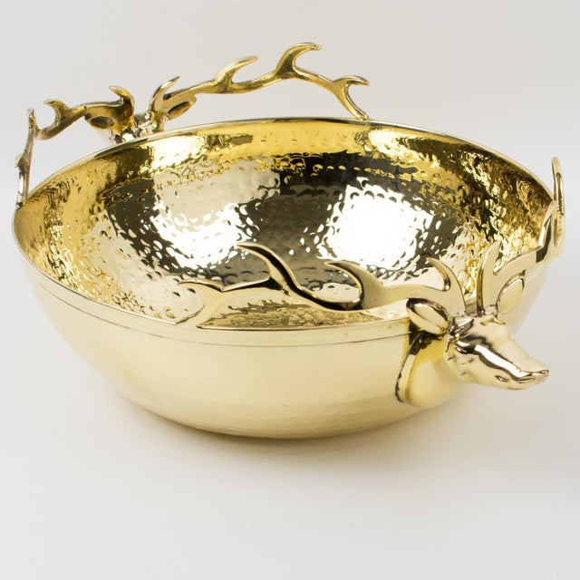 Brass Large Gilded Brass Centerpiece Bowl With Stag Heads Handles For Sale - Image 8 of 8