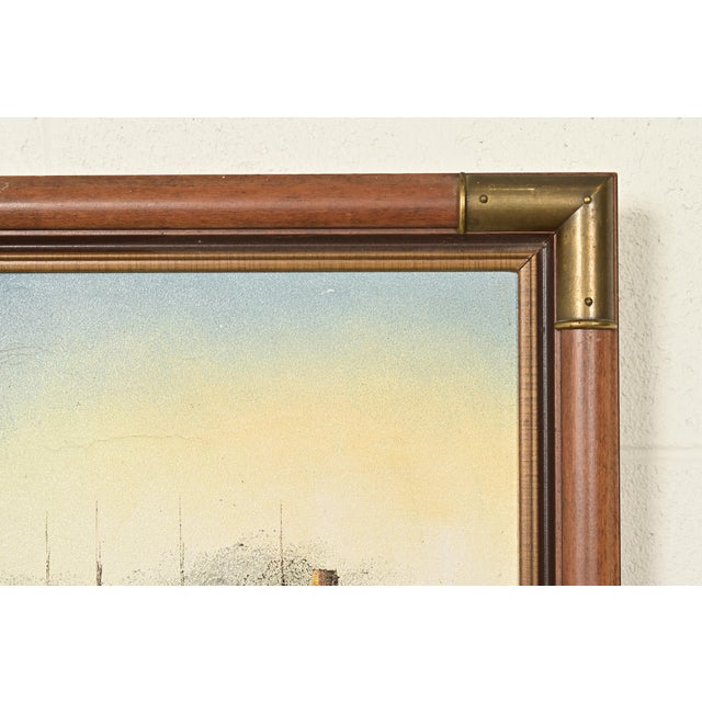Original Artist Signed ‘Seaside Harbor’ Acrylic Painting in Carved Walnut and Brass Frame For Sale In South Bend - Image 6 of 12