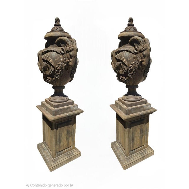 Magnificent pair of monumental architectural urns, hand-carved from natural stone in Italy during the 1940s. Inspired by...