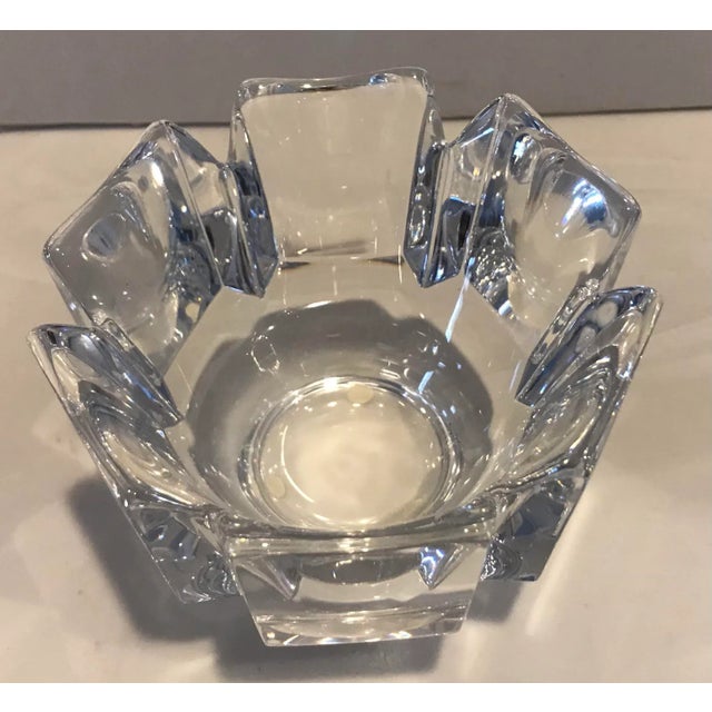 Orrefors Corona mini bowl designed by Lars Hellsen. Acid etched on base. Measures 4.75” x 4.75” x 3.5” Pristine condition....