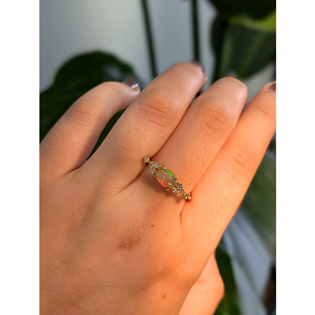Contemporary East West Opal Ring W Earth Mined Diamonds in Solid 14k Yellow Gold | Oval 8x6mm For Sale - Image 3 of 18