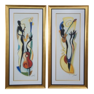2 Alfred Gockel Large Modern Art Prints Musical Guitar Saxophone Framed 64" For Sale