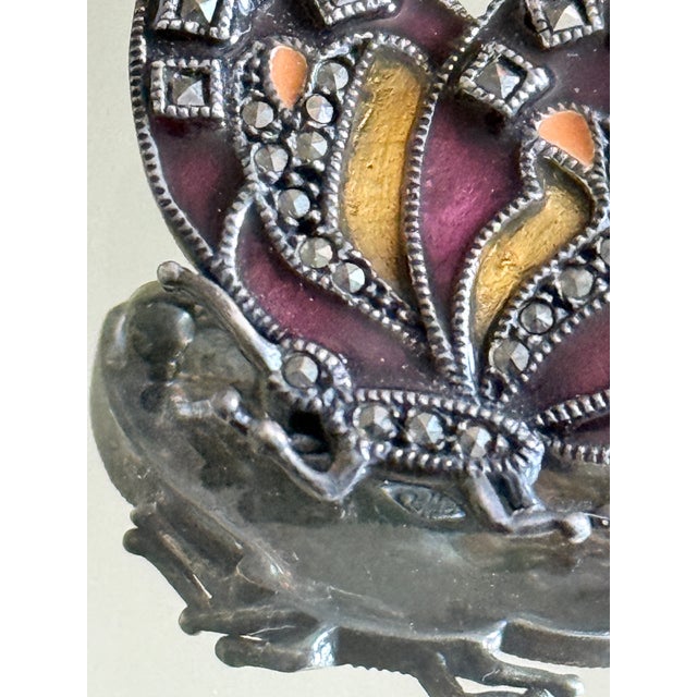 Metal Mid Century Sterling Silver JMS Enamel and Marcasite Butterfly Brooch For Sale - Image 7 of 13