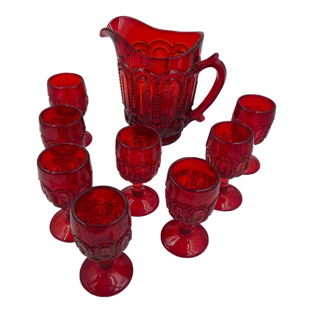 Vintage l.e. Smith Moon & Stars Ruby Red Glass Pitcher & 8 Small Goblets For Sale