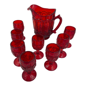 Vintage l.e. Smith Moon & Stars Ruby Red Glass Pitcher & 8 Small Goblets